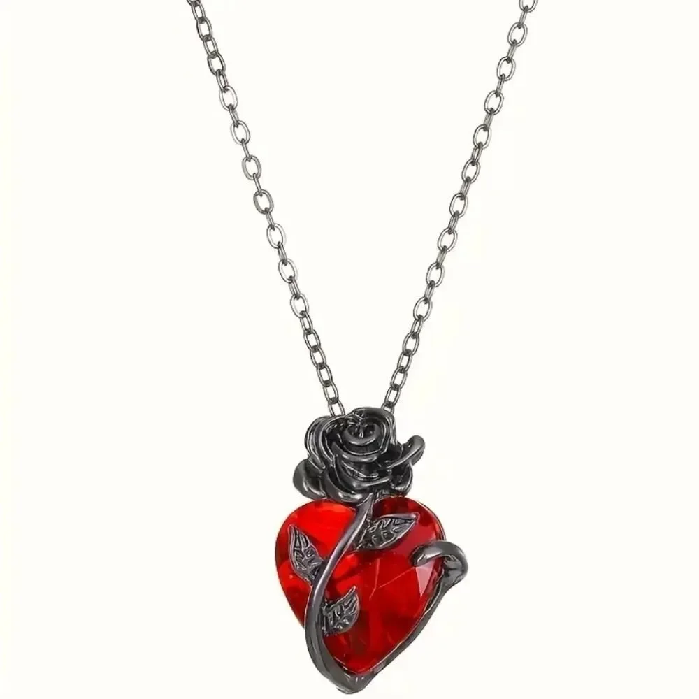 Gothic Black Gun Plated  Rose & Heart Diamond Entwined Pendant Necklace